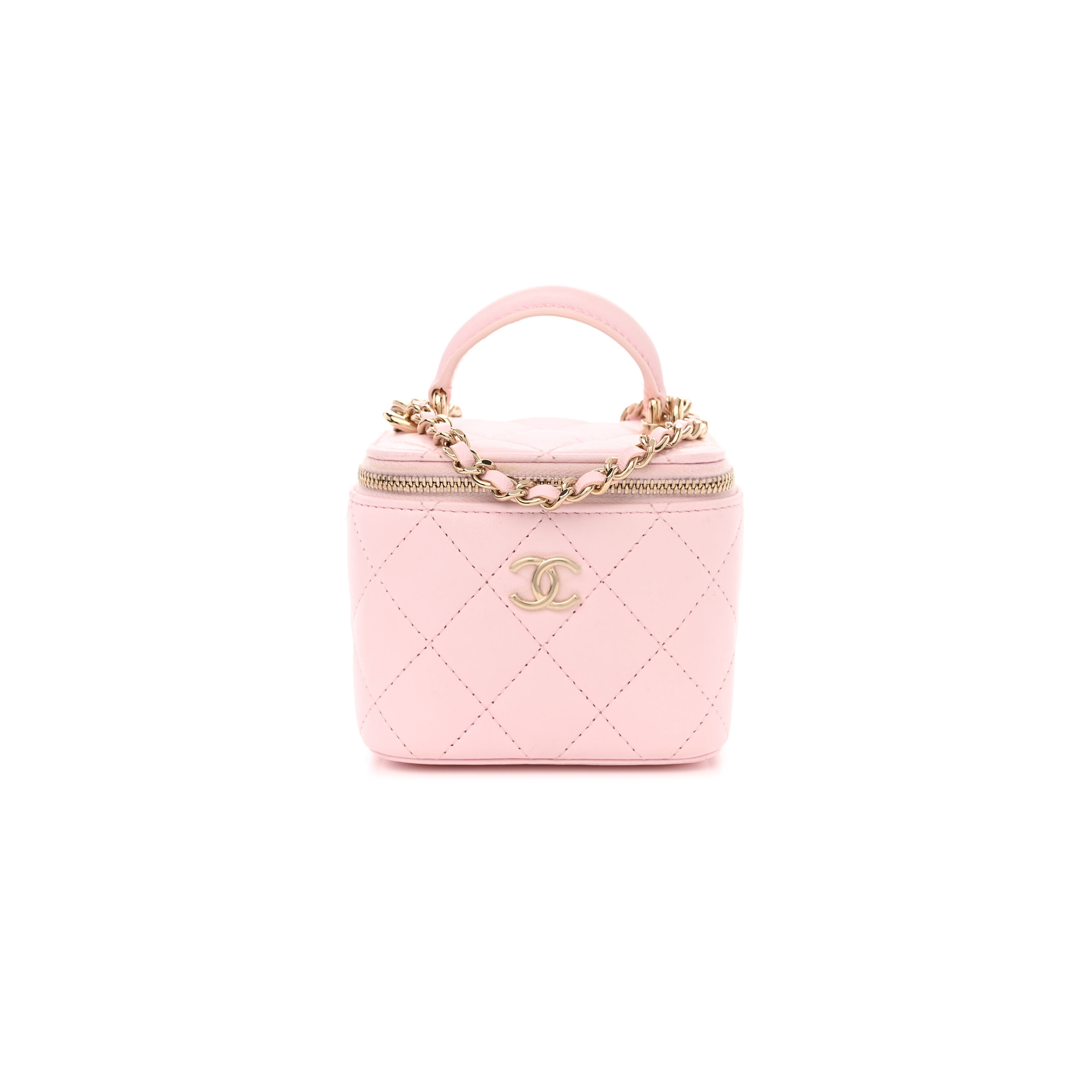CHANEL LAMBSKIN QUILTED MINI TOP HANDLE VANITY CASE WITH CHAIN LIGHT PINK 1334686 (10*9*7cm)